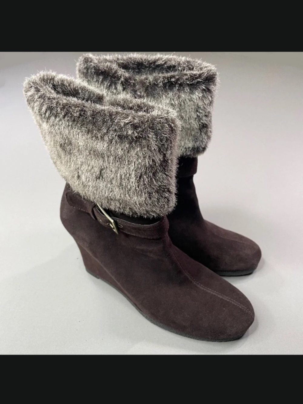 Aerosoles Shoes Womens 9.5 brown leather telltale faux fur wedge heels boots